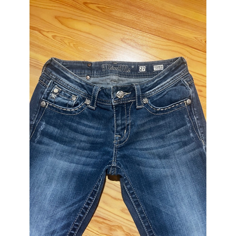 Miss Me Straight Leg Jeans Dark Wash Distressed Wing Flap Pocket JE5616T4N 27 - Picture 3 of 7